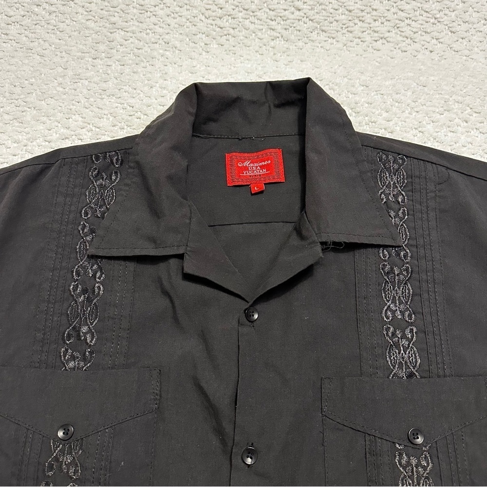 Maximos USA Yucatán Guayabera Black Short Sleeve Button Down Men’s Size Large - Picture 2 of 5